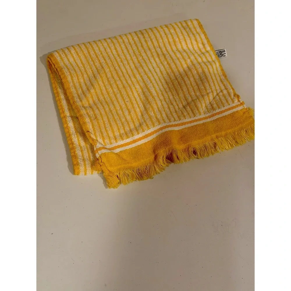 VTG Fieldcrest Fringe Hand Towel Yellow White Striped Cotton Blend Retro MCM USA